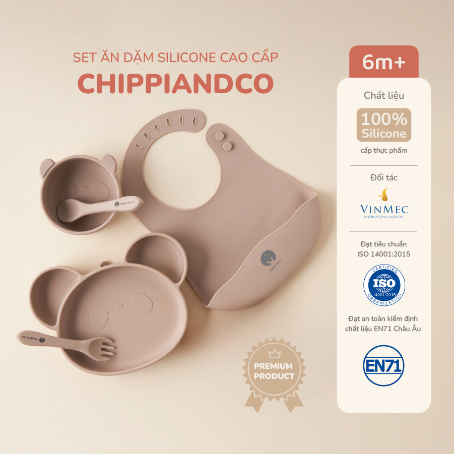 Set ăn dặm 4 món silicone hình gấu cao cấp CHIPPIANDCO đế hít chống lật