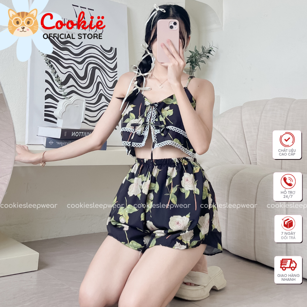 Set Quần Áo Ngủ, Bộ Đồ Ngủ Nhà Sexy Vải Voan In Hoa Nổi Xuyên Thấu Viền Ren Nơ Cực Xinh Gợi Cảm Quyến Rũ BNSETN189