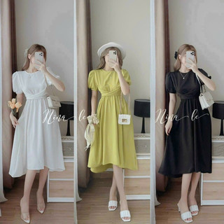 Đầm thời trang nữ mặc đi chơi chất vải đũi cao cấp, váy nhún eo đính nơ sau dáng váy dài xoè,.