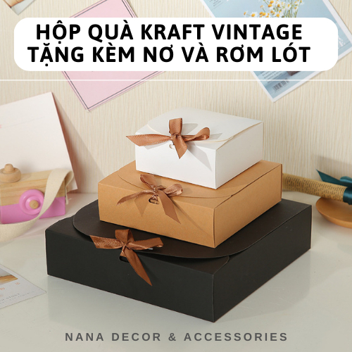 Hộp Quà Kraft Vuông - Hộp Giấy Đựng Quà Phong Cách Vintage Kèm Nơ Và Rơm Lót
