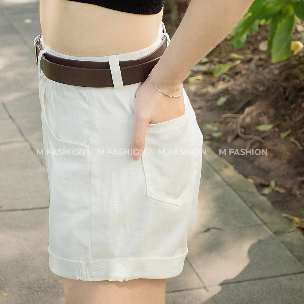 Quần đùi kaki nữ M Fashion lưng cao ống rộng có túi phối gấp lai cá tính