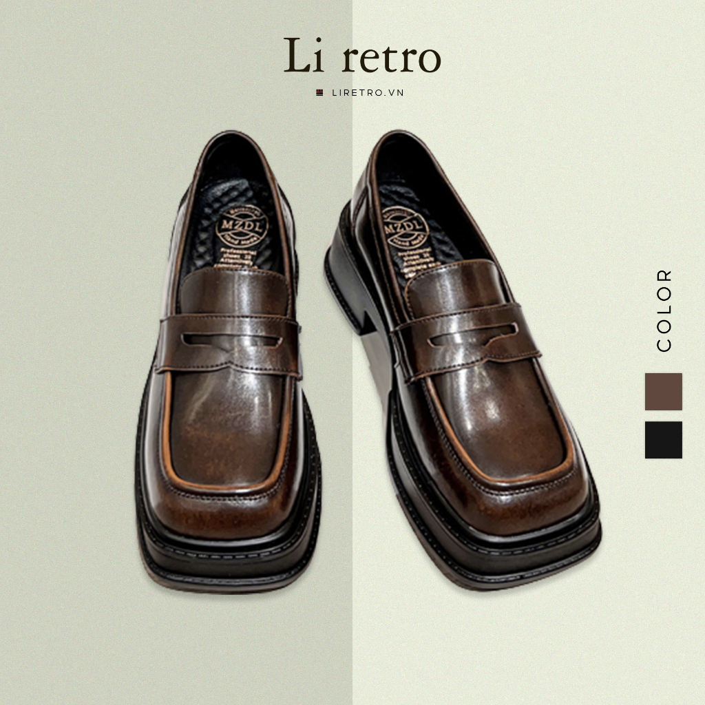 Giày Platform Loafers - Giày Loafer nữ da bò thật phong cách vintage Li retro