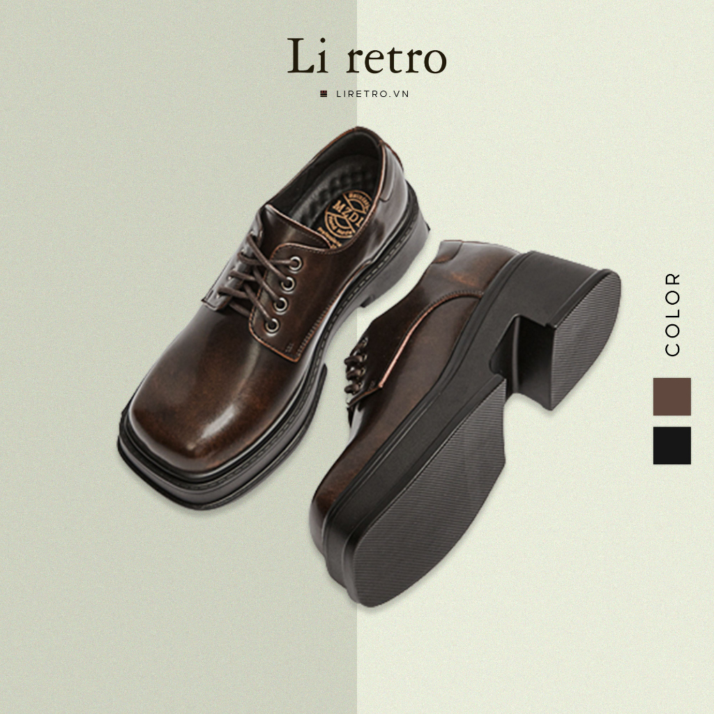 Giày Platform Derby - Giày da nữ da bò thật phong cách vintage Li retro