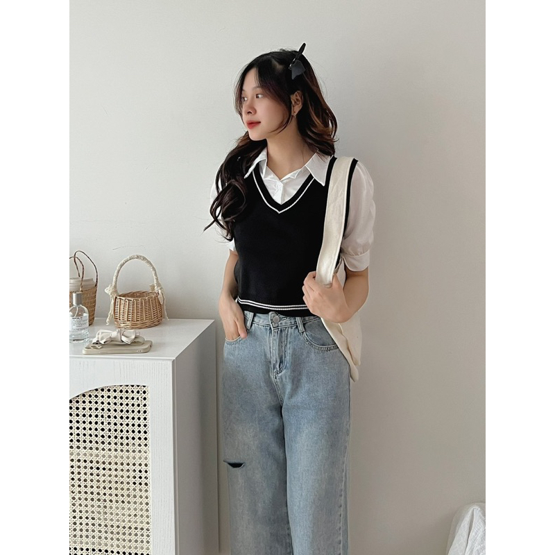 Áo Polo Croptop Len Tăm Phối Gile Montogini