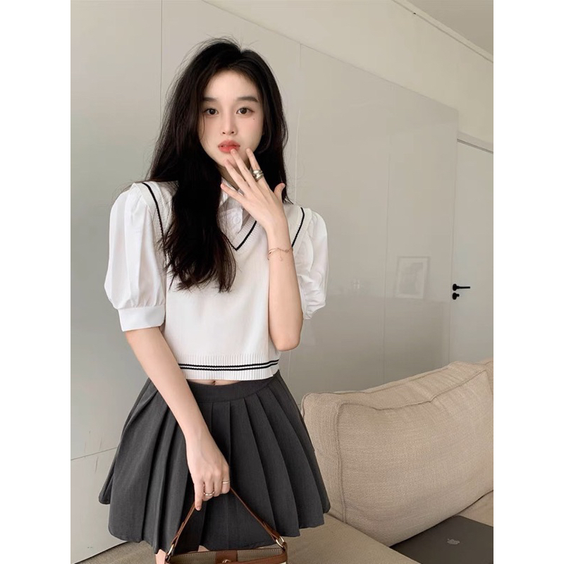 Áo Polo Croptop Len Tăm Phối Gile Montogini