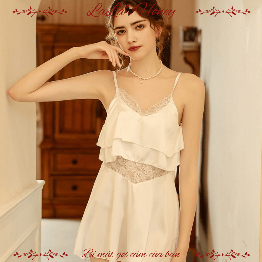 Váy Ngủ Lụa Satin Phối Ren 2 Dây Cao Cấp Sexy Gợi Cảm, Đầm Ngủ Lụa Satin 2 Dây Thắt Dây Lưng Sexy Quyến Rũ - LALA HONEY | BigBuy360 - bigbuy360.vn