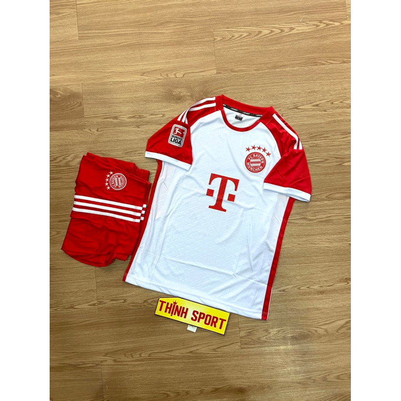Quần áo bóng đá vải thun lạnh Bay Ơ trắng đỏ in tên số theo yêu cầu
