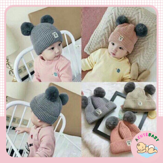 Mũ len cho bé trai bé gái dày ấm hình 2 quả bông