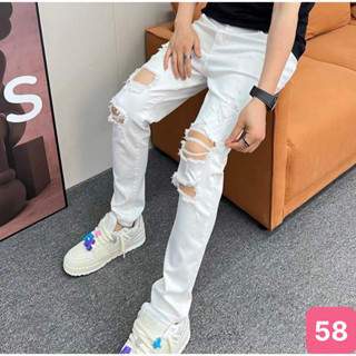 Quần jean nam boy phố rách gối màu trắng trơn form skinny chất bò cao cấp co dãn 4 chiều HAVADO 58 Mẫu Mới