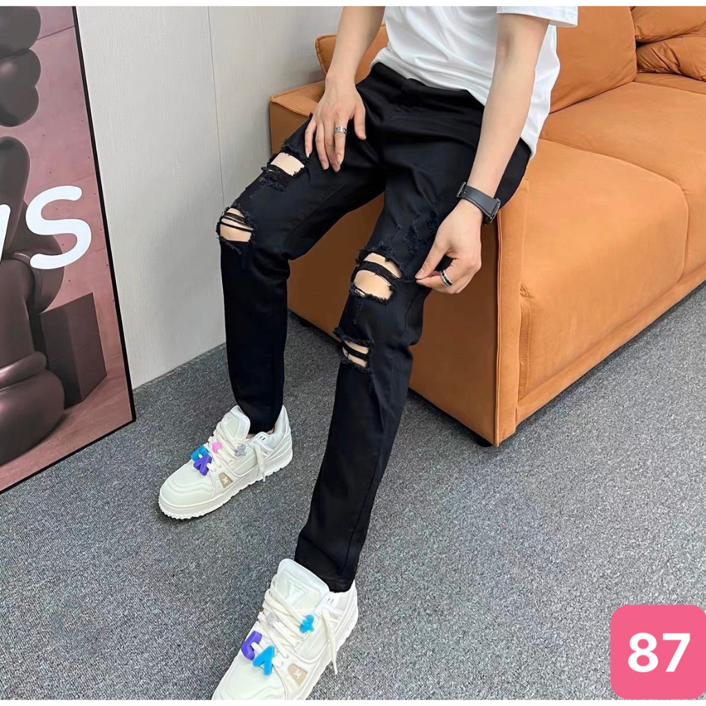 Quần jean nam boy phố rách gối màu trắng trơn form skinny chất bò cao cấp co dãn 4 chiều HAVADO 58 Mẫu Mới