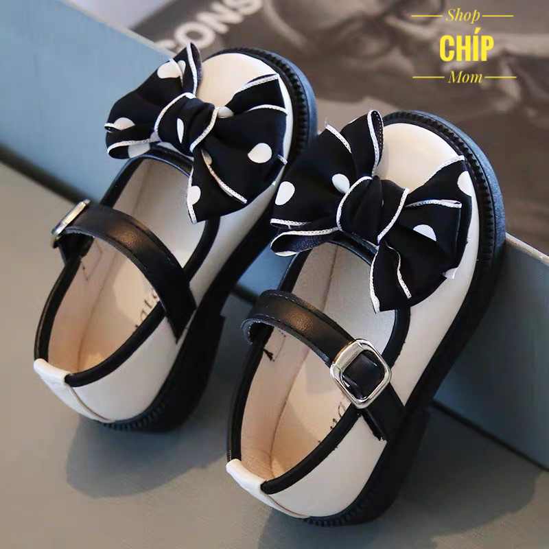giày búp bê bé gái giày bệt cho bé da PU mềm êm chân nơ chấm bi xinh xắn đen trắng QCCC full hộp 7003