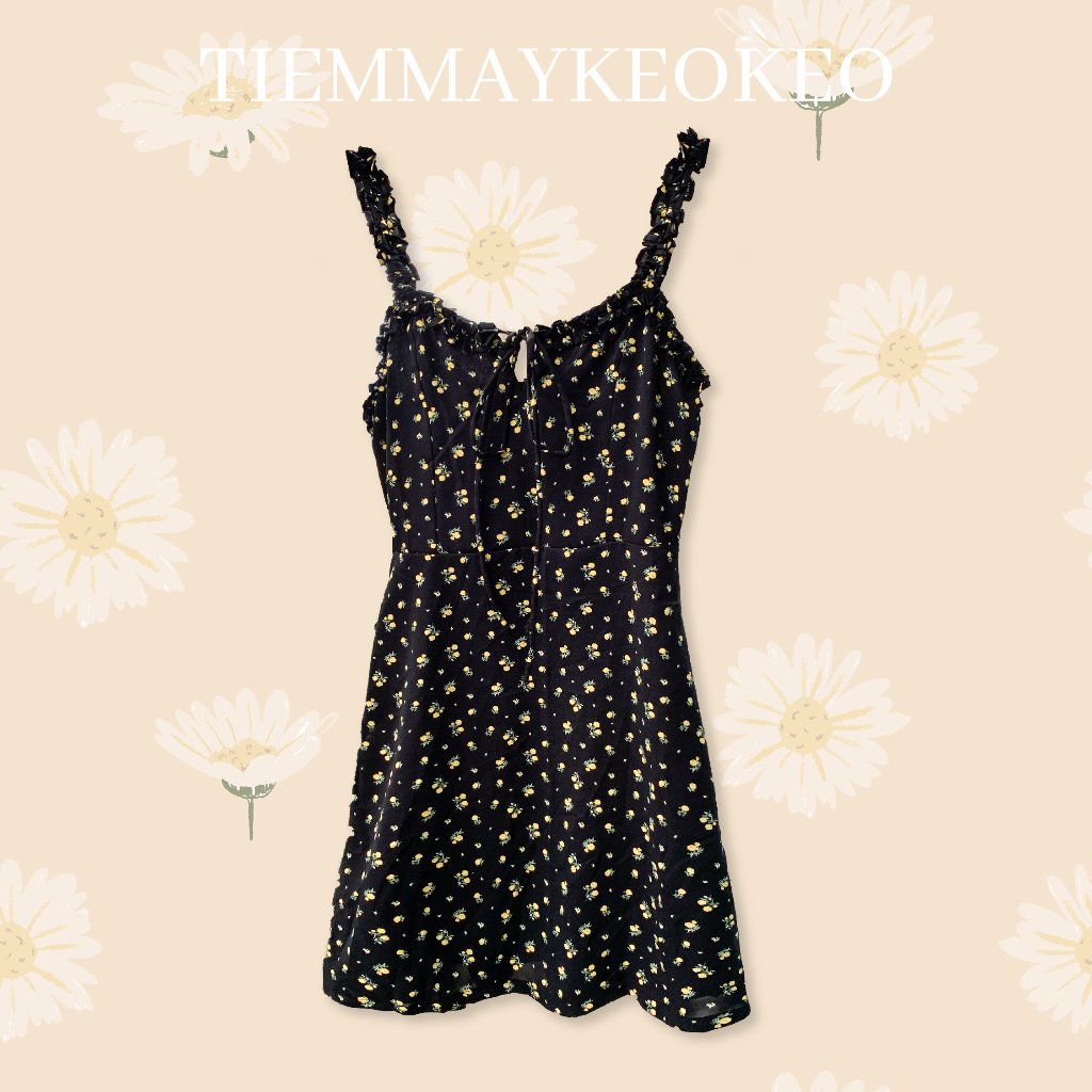 Váy đầm thiết kế hai dây bèo nhún TIEMMAYKEOKEO vải voan tơ gân hoa nhí dáng A freesize bigsize có lót mềm thời trang nữ