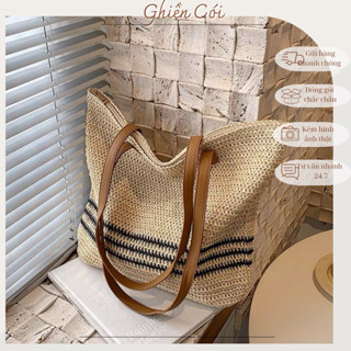 Túi cói mềm kẻ sọc ngang túi tote cói đeo vai có khoá kéo đi biển đi làm vintage Ghiền Cói