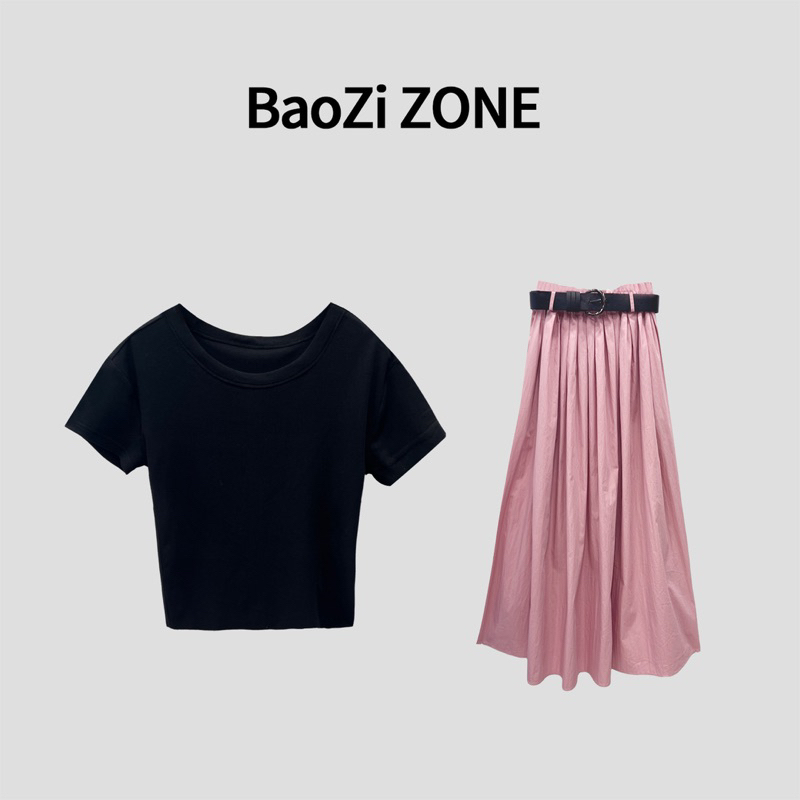 Set áo phông/thun babytee đen chân váy cạp cao dáng dài xoè rộng màu hồng trending