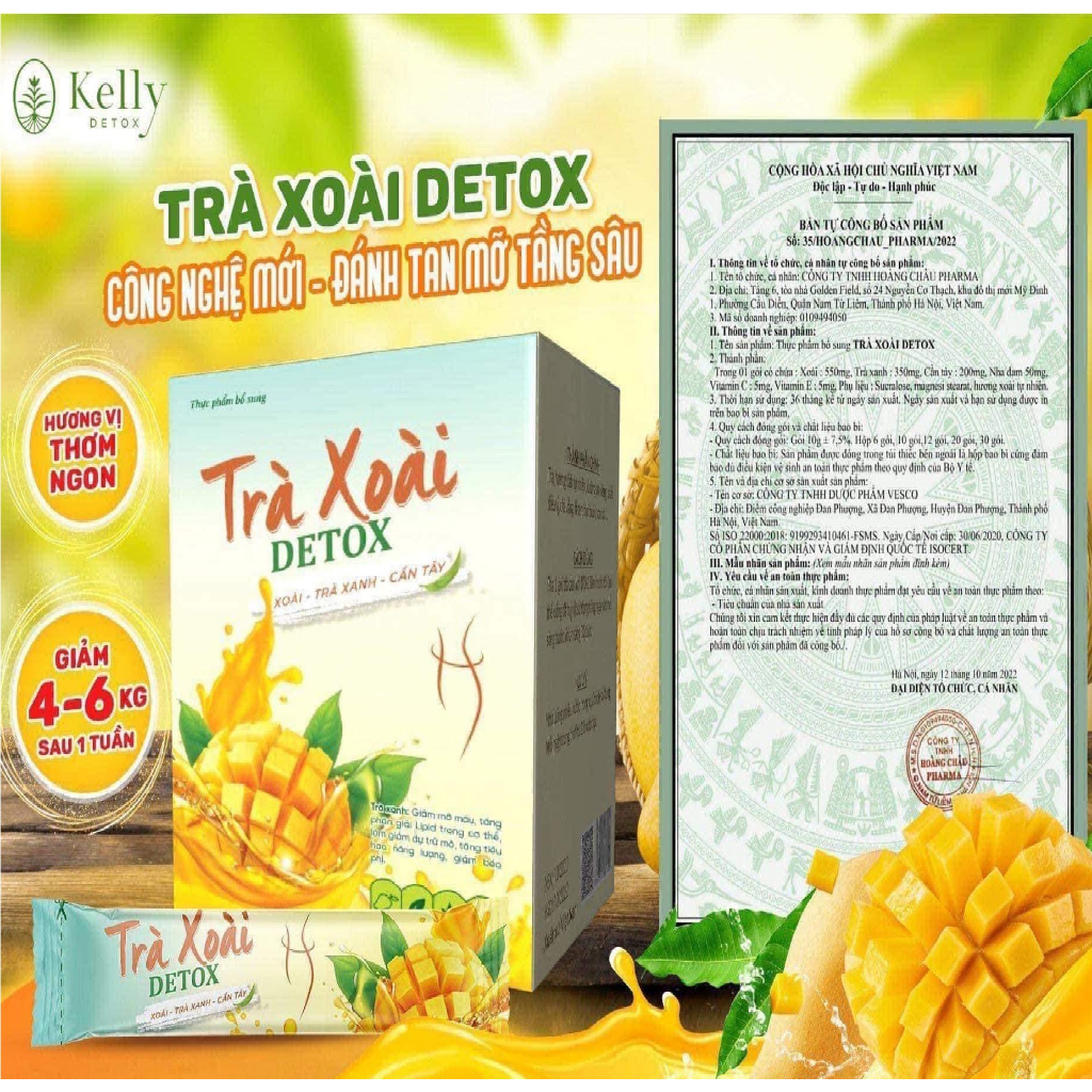 Trà Xoài Detox giảm cân chính hãng Kelly detox 100% trà xoài trà xanh cần tây