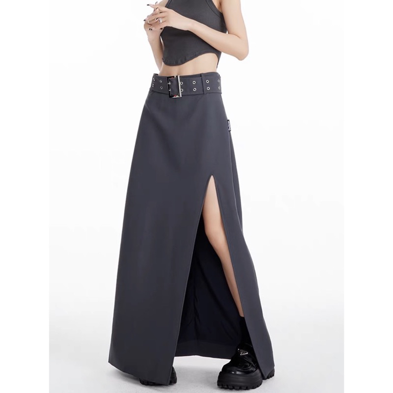 Chân váy dài ulzzang khoen vuông xẻ bên