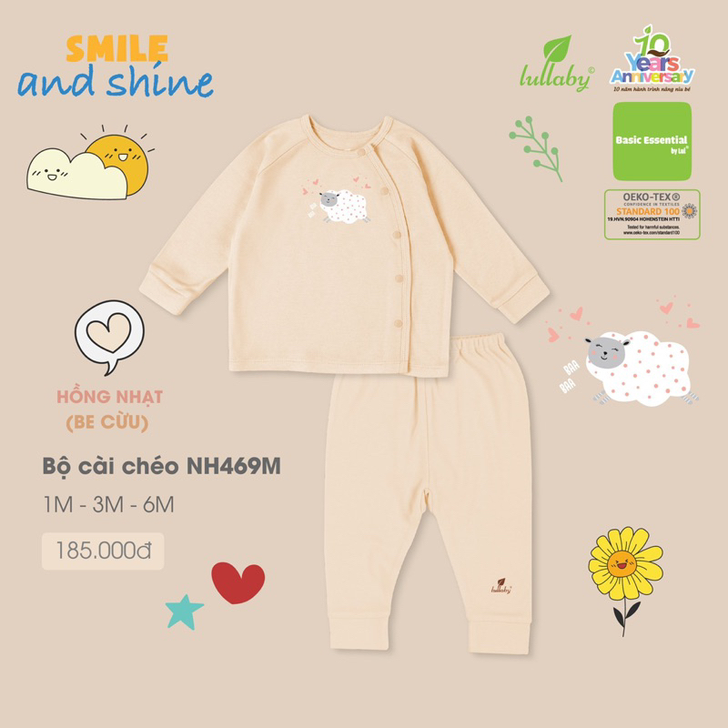 Bộ sơ sinh cài lệch cho bé gái và bé trai LULLABY NH469M chất liệu 30% cotton 70% bamboo
