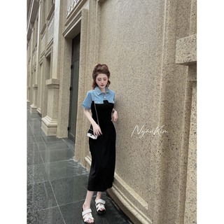Váy đầm cotton zip tàu phối jeans kh