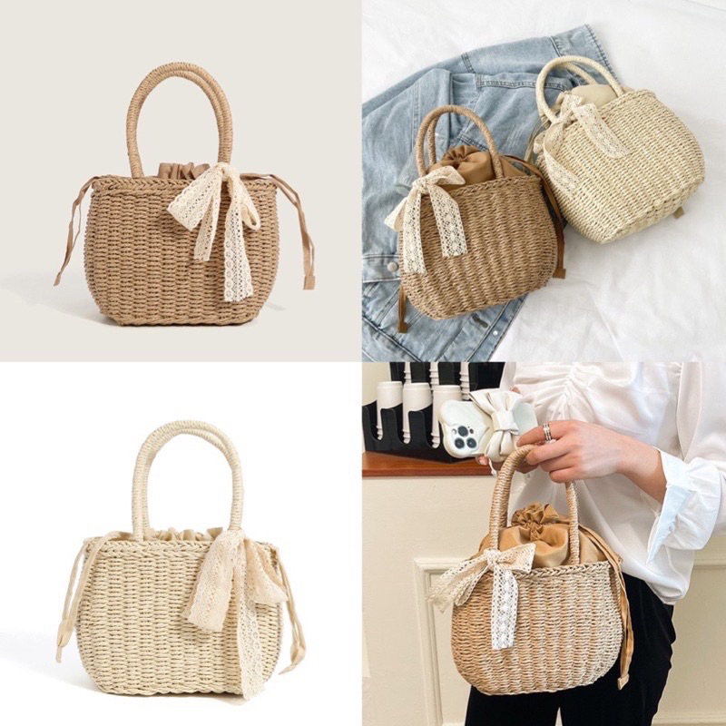 Túi rơm đan tay form nhỏ xinh xắn cho bạn gái Túi cói phong cách Vintage TẶNG KÈM DÂY REN