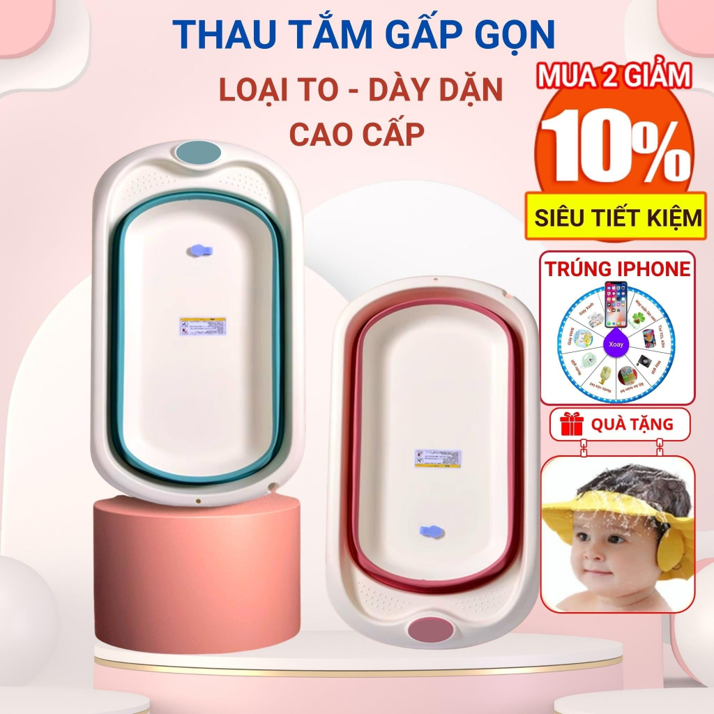 Thau chậu tắm gấp gọn cao cấp loại to dày dặn minibear cho bé kèm phao tắm lớn.