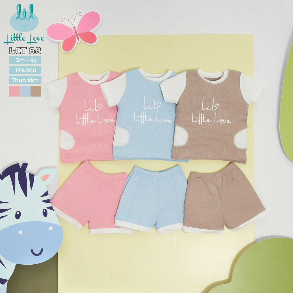 LCT62 / LCT68. Bộ cộc tay vải tăm viền trắng Little Love mỏng mát siêu co dãn cho bé