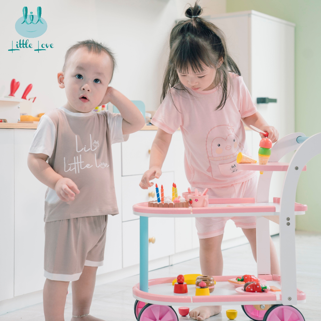 LCT62 / LCT68. Bộ cộc tay vải tăm viền trắng Little Love mỏng mát siêu co dãn cho bé