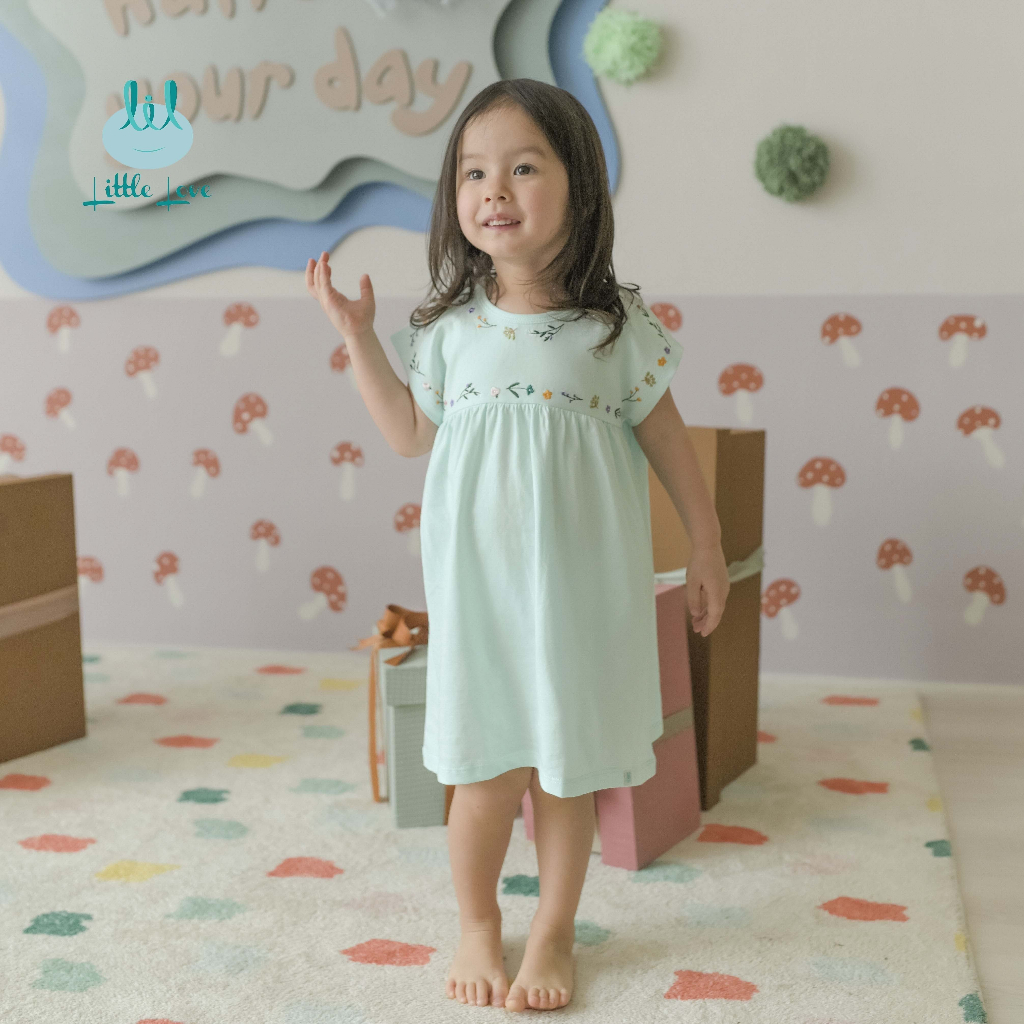 LVAY04. Váy liền thêu ngực cho bé gái từ 9m đến 4y little love vải modal siêu mềm mại hoa thêu xinh xắn