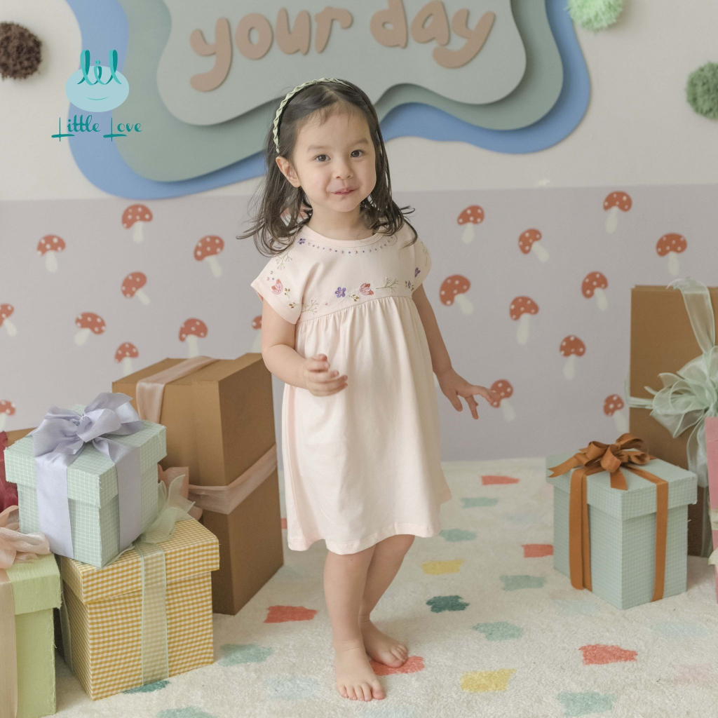 LVAY04. Váy liền thêu ngực cho bé gái từ 9m đến 4y little love vải modal siêu mềm mại hoa thêu xinh xắn