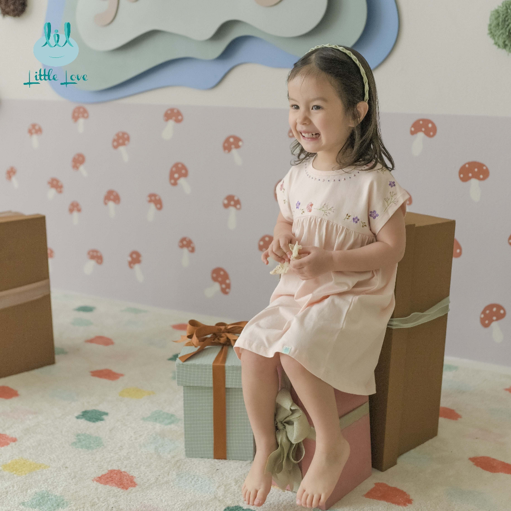 LVAY04. Váy liền thêu ngực cho bé gái từ 9m đến 4y little love vải modal siêu mềm mại hoa thêu xinh xắn