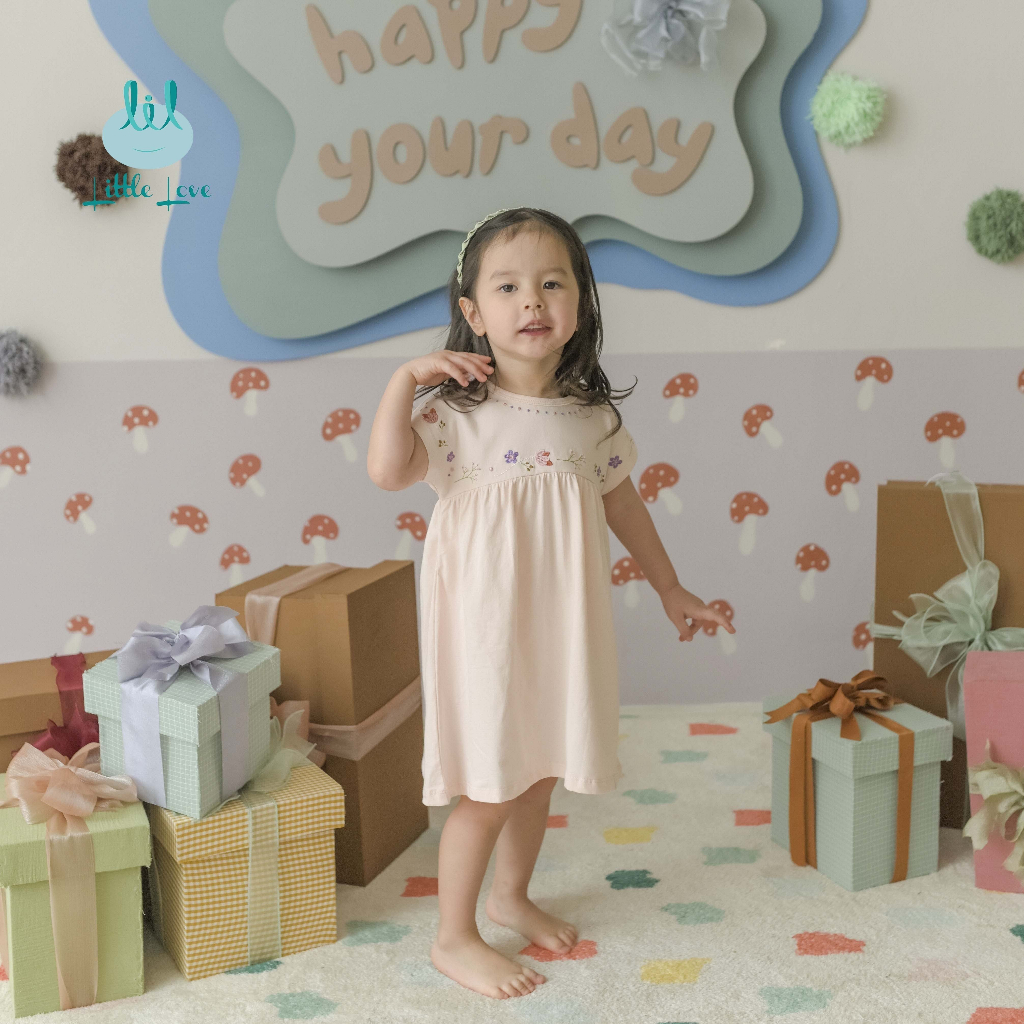 LVAY04. Váy liền thêu ngực cho bé gái từ 9m đến 4y little love vải modal siêu mềm mại hoa thêu xinh xắn