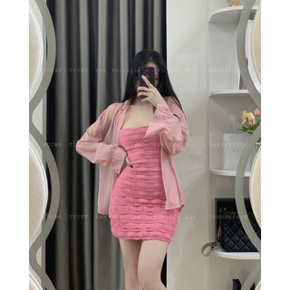 Set đầm xốp 2 dây kèm khoác sơmi tơ