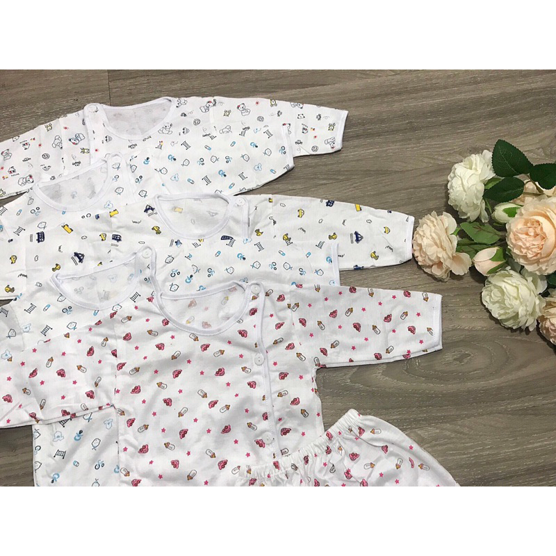 Bộ dài tay khuy lệch bình sữa quần bo đáp đũng cho bé