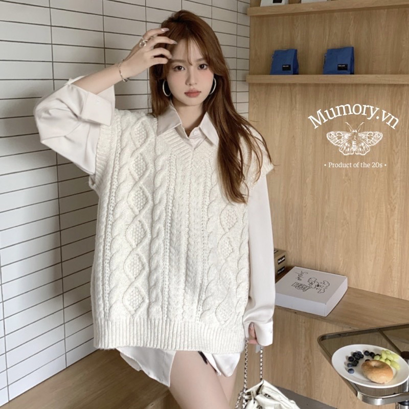 Áo gile len cổ V hoạ tiết vặn thừng màu trắng sữa sát nách dáng rộng oversize hàn quốc mùa thu đông ( áo pass )