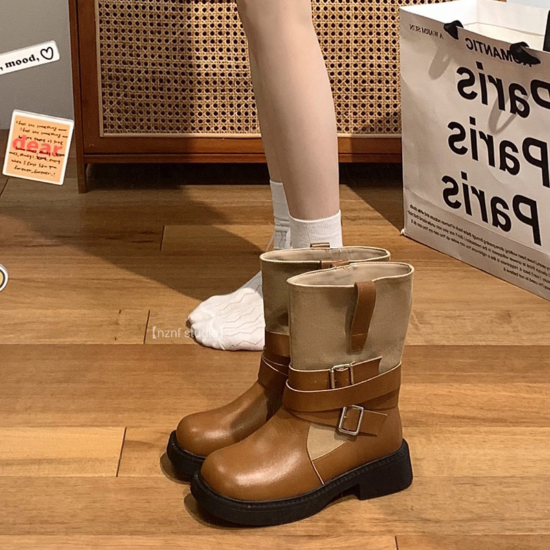 Giày boot nữ cao cổ ống vuông phối quai cài Bốt nữ cao cổ ống vuông cá tính