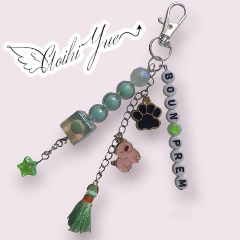 Keychain, Keyring BounPrem màu xanh mint tua rua xanh mini charm chân cún và heo hồng