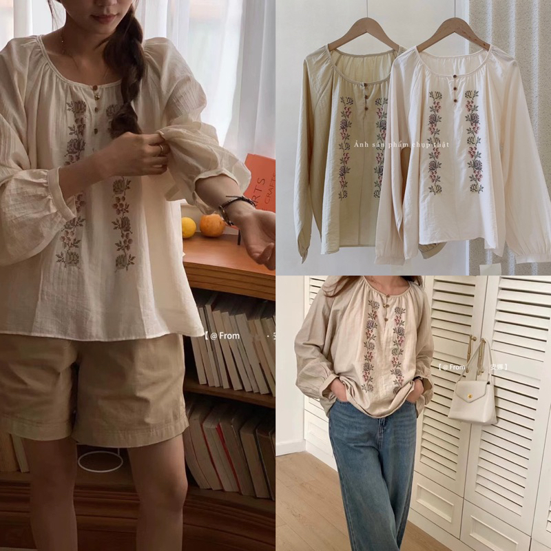 Áo kiểu hoạ tiết vintage CC STUDIO (chuẩn hãng, kèm ảnh thật)