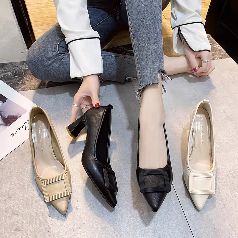 Giày Cao Gót Da Mềm Đế Trụ 7cm, Giày Cao Gót Lót Nỉ