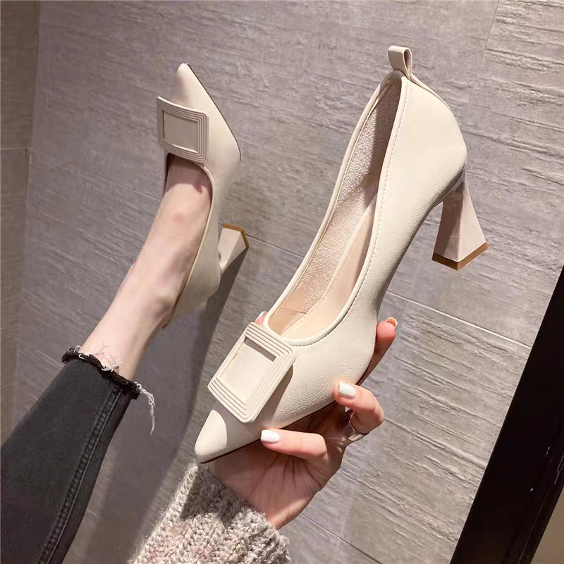 Giày Cao Gót Da Mềm Đế Trụ 7cm, Giày Cao Gót Lót Nỉ