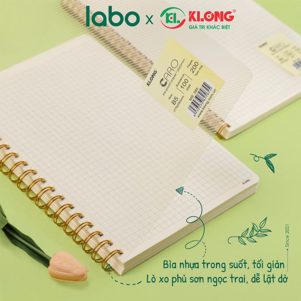 Sổ Klong A5, B5 Caro, Kẻ Ngang 120 200 Trang 100gsm Lò Xo Kép Bìa Nhựa Trong Labo