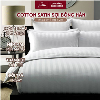 Bộ chăn ga gối ra giường Hàn Quốc lụa satin trắng in sọc chìm Julia 73P