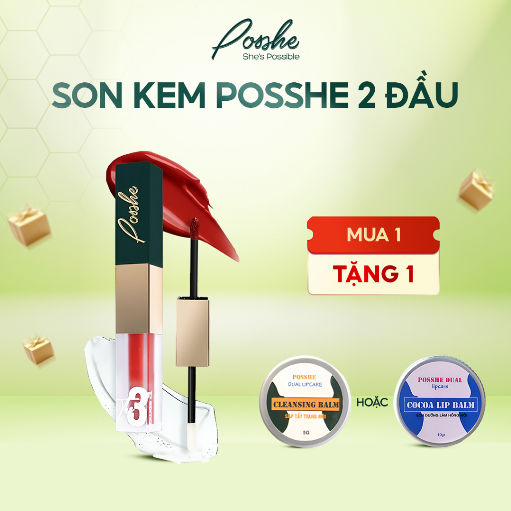 Son kem POSSHE 2 Đầu  Siêu Lì Không Trôi - Mua 2 Cây Tặng Combo Son Dưỡng + Sáp Tẩy Trang, Acsosmetics 20g