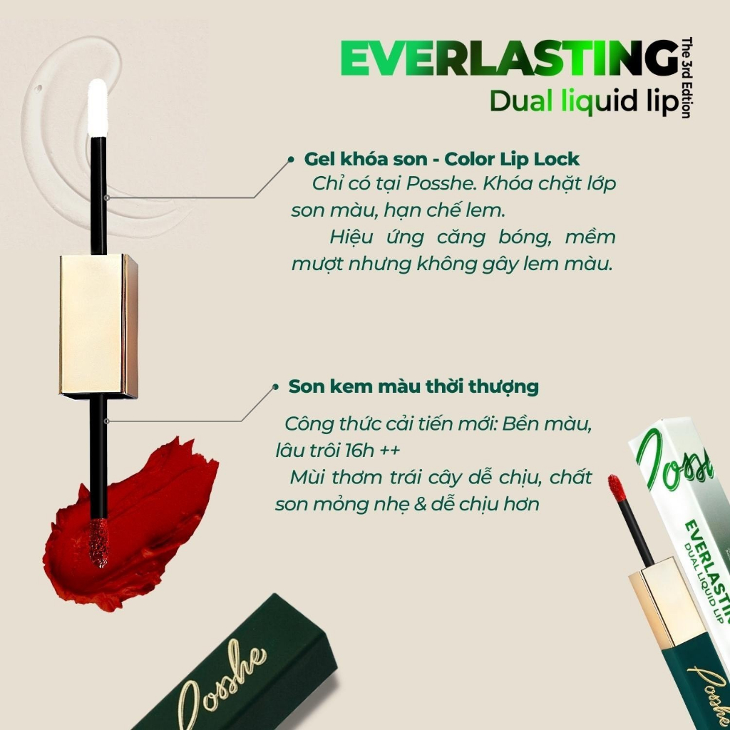 Son kem POSSHE 2 Đầu  Siêu Lì Không Trôi - Mua 2 Cây Tặng Combo Son Dưỡng + Sáp Tẩy Trang, Acsosmetics 20g