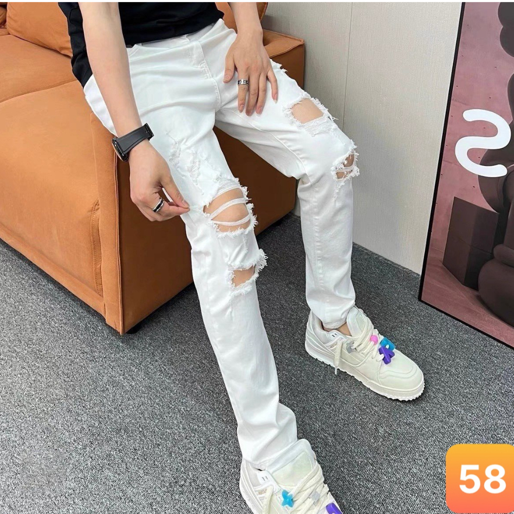Quần jeans nam boy phố màu trắng trơn rách gối chất bò cao cấp co dãn 4 chiều đẹp form rin skinny LAVADO 32 mới