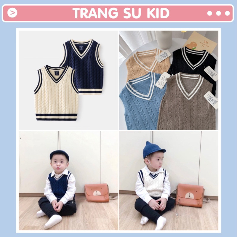 ÁO GILE LEN THỪNG DÀY DẶN CỔ V VIỀN TRẮNG CHO BÉ TRAI. ÁO LEN SÁT NÁCH PHONG CÁCH HQ CHO BÉ.
