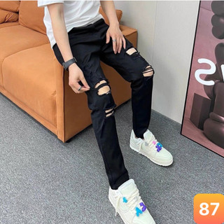Quần jean nam boy phố màu đen trơn rách gối chất liệu bò cao cấp co dãn 4 chiều đẹp form skinny LAVADO 67 mới