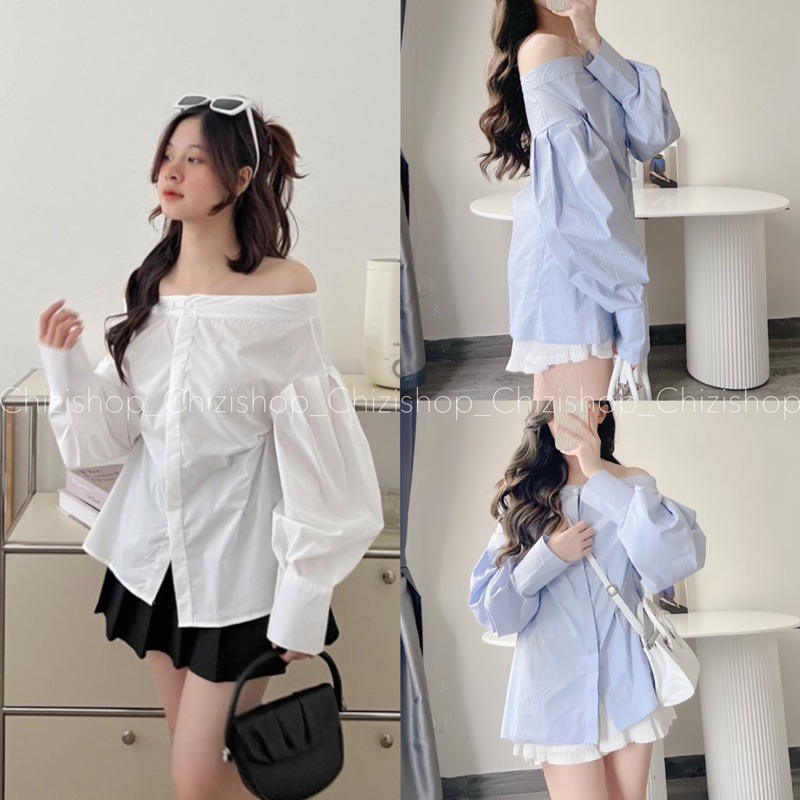 AT55 ÁO SƠ MI KIỂU DÁNG RỘNG - ÁO SƠMI TAY PHỒNG TRỄ VAI CHẤT KATE ĐẸP CÚC DỌC PHONG CÁCH CHIZISHOP