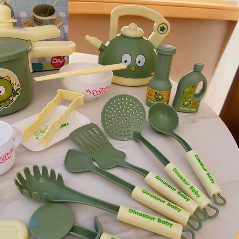 Đồ chơi bếp nấu ăn khủng long xanh 20 món kèm bếp có âm thanh bíp bíp vui nhộn