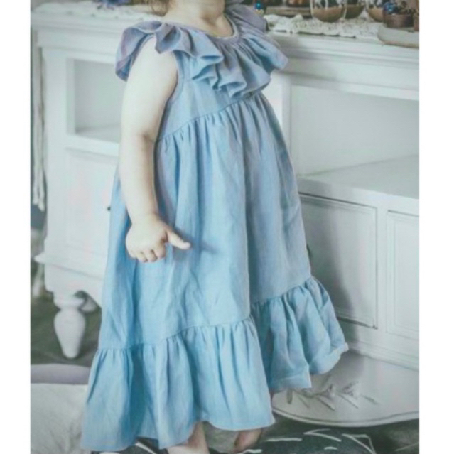 Váy đầm xòe xanh nhạt pastel bèo vai ba đoạn cho bé gái Lamm