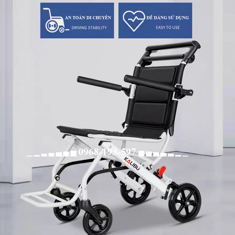 Xe lăn gấp gọn KALIBU, xe lăn du lịch xách tay nhẹ nhàng cho người già, người bệnh - BẢN CAO CẤP CÓ PHANH TAY SAU
