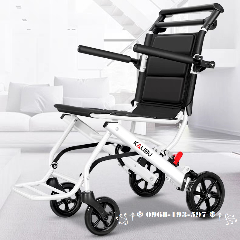 Xe lăn gấp gọn KALIBU, xe lăn du lịch xách tay nhẹ nhàng cho người già, người bệnh - BẢN CAO CẤP CÓ PHANH TAY SAU